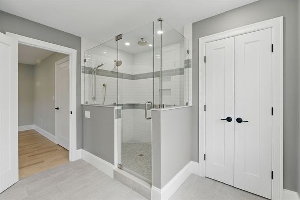 Bathroom, Glass Shower, Interior, Recessed Lighting, Wood Texture Flooring