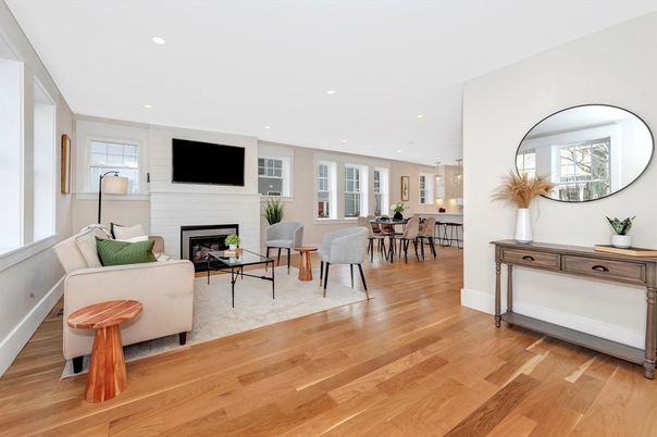 Dining room, Fireplace, Interior, Living room, Pendant Lights, Recessed Lighting, Wood Texture Flooring