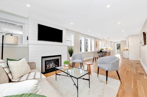 Dining room, Fireplace, Interior, Kitchen, Living room, Pendant Lights, Recessed Lighting, Wood Texture Flooring