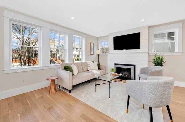 Fireplace, Interior, Living room, Recessed Lighting, Wood Texture Flooring