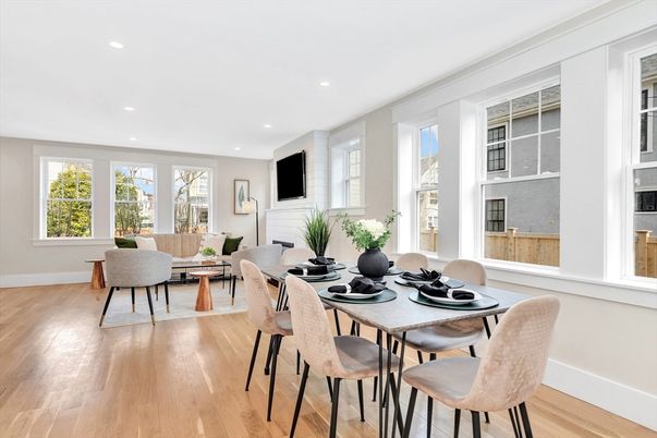 Dining room, Interior, Living room, Recessed Lighting, Wood Texture Flooring