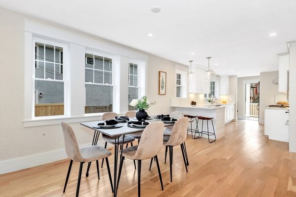 Dining room, Interior, Kitchen, Pendant Lights, Recessed Lighting, Wood Texture Flooring