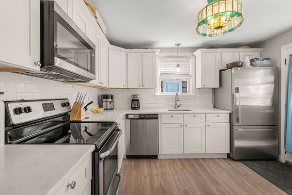 Interior, Kitchen, Pendant Lights, Stainless Steel Appliances, Wood Texture Flooring