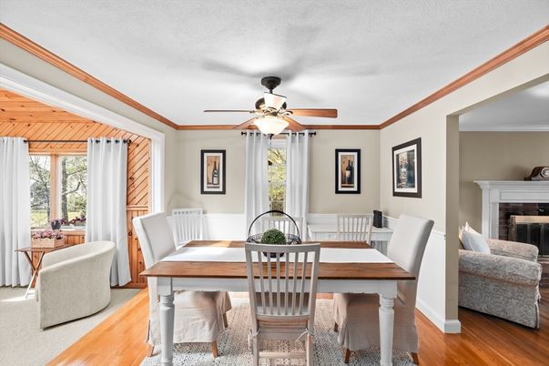 Dining room, Fireplace, Interior, Wood Texture Flooring