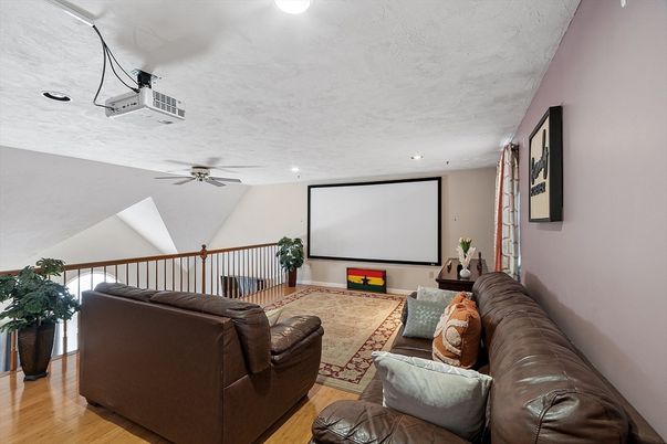Interior, Projection Screen, Recessed Lighting, Theatre Room, Wood Texture Flooring
