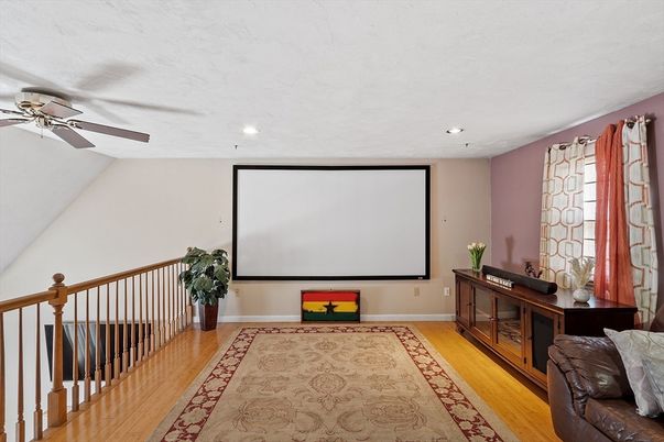 Interior, Projection Screen, Recessed Lighting, Wood Texture Flooring