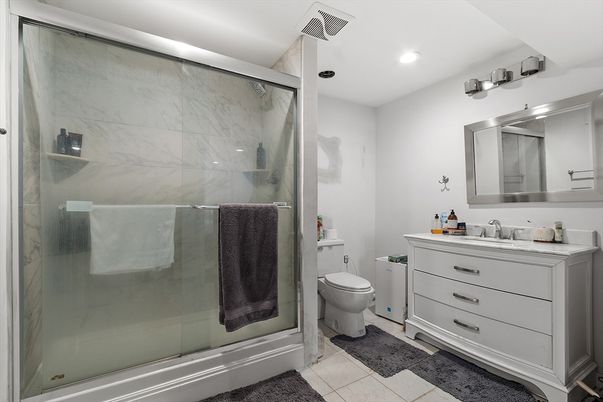 Bathroom, Glass Shower, Interior, Marble Walls, Recessed Lighting