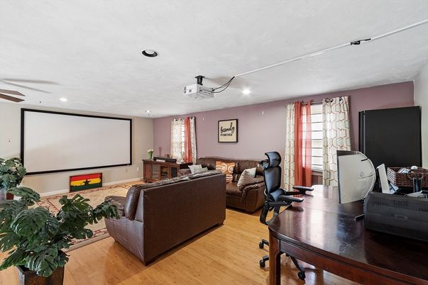 Interior, Living room, Projection Screen, Recessed Lighting, Theatre Room, Wood Texture Flooring