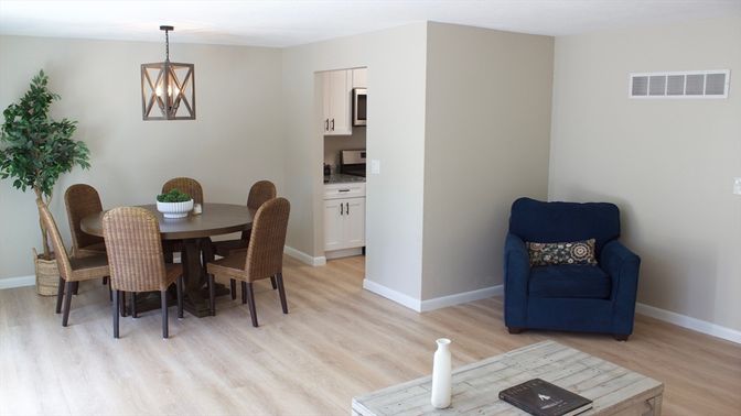 Dining room, Interior, Pendant Lights, Wood Texture Flooring