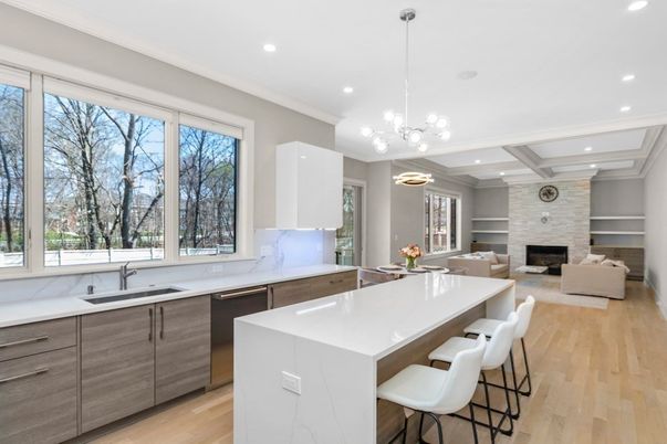 Fireplace, Interior, Kitchen, Living room, Pendant Lights, Recessed Lighting, Stainless Steel Appliances, Wood Texture Flooring