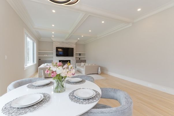 Dining room, Fireplace, Interior, Living room, Recessed Lighting, Wood Texture Flooring