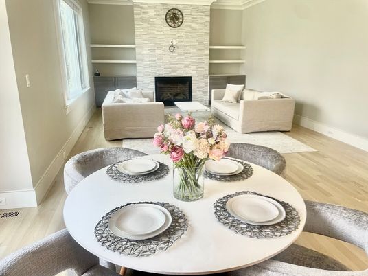 Dining room, Fireplace, Interior, Living room, Stone Walls, Wood Texture Flooring