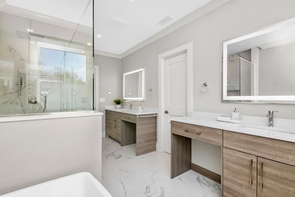 Bathroom, Dual Sink Vanities, Glass Shower, Interior, Marble, Recessed Lighting