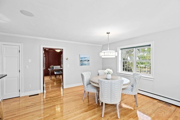 Dining room, Interior, Pendant Lights, Wood Texture Flooring