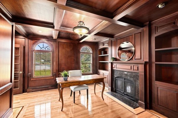 Fireplace, Home Office, Interior, Recessed Lighting, Wooden Beams, Wooden Ceilings, Wood Texture Flooring, Wooden Walls