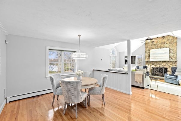 Dining room, Fireplace, Interior, Living room, Pendant Lights, Stone Walls, Wood Texture Flooring