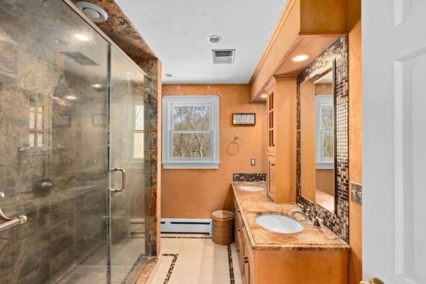 Bathroom, Dual Sink Vanities, Glass Shower, Interior, Recessed Lighting