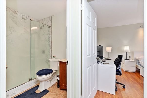 Bathroom, Glass Shower, Home Office, Interior, Marble Walls, Wood Texture Flooring