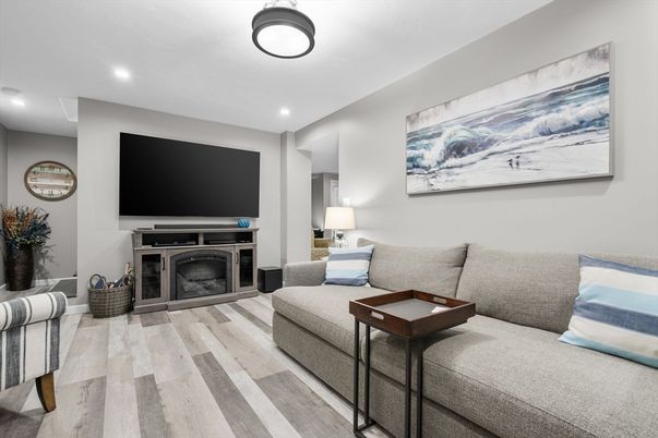 Fireplace, Interior, Living room, Recessed Lighting, Wood Texture Flooring