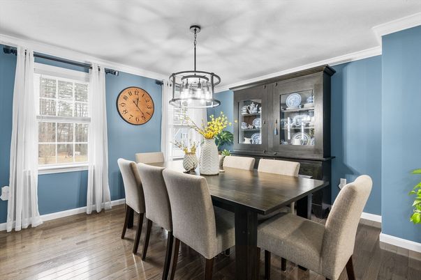 Dining room, Interior, Pendant Lights, Wood Texture Flooring