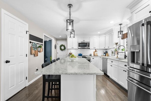 Interior, Kitchen, Pendant Lights, Recessed Lighting, Stainless Steel Appliances, Wood Texture Flooring