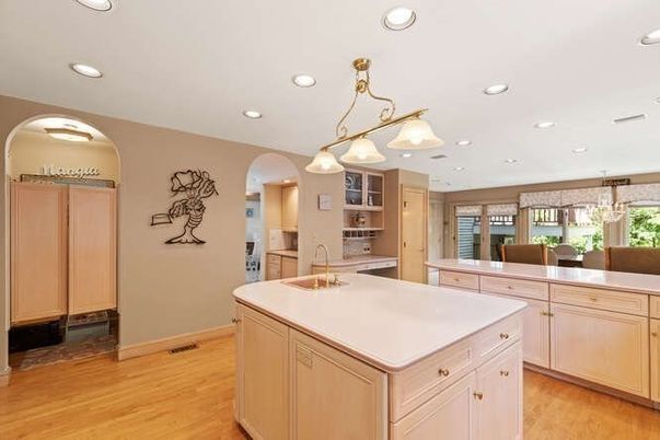 Chandelier, Interior, Kitchen, Pendant Lights, Recessed Lighting, Wood Texture Flooring