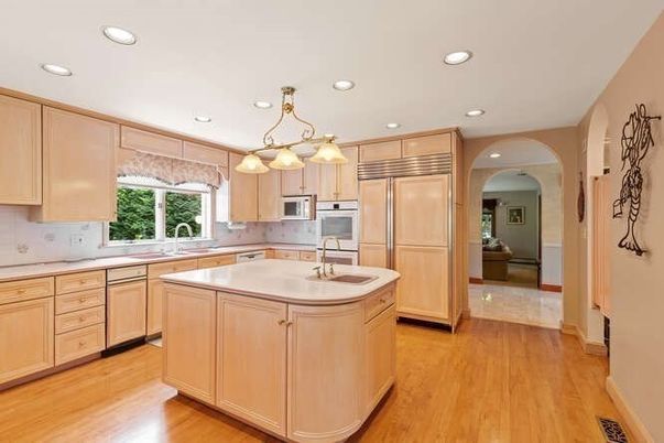 Chandelier, Interior, Kitchen, Recessed Lighting, Stainless Steel Appliances, Wood Texture Flooring
