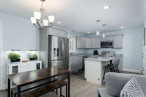 Interior, Kitchen, Pendant Lights, Recessed Lighting, Stainless Steel Appliances, Wood Texture Flooring