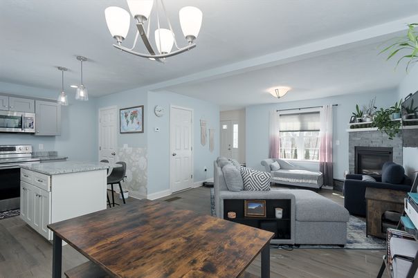 Chandelier, Fireplace, Interior, Kitchen, Living room, Pendant Lights, Wood Texture Flooring