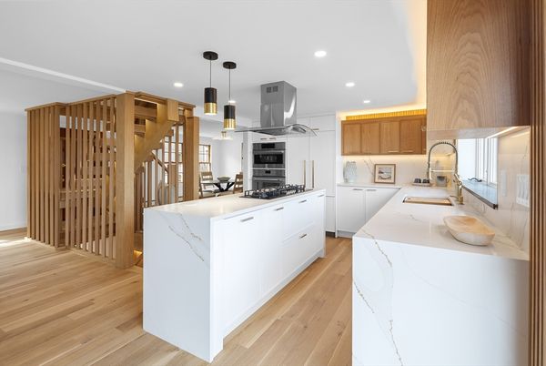 Interior, Kitchen, Pendant Lights, Recessed Lighting, Stainless Steel Appliances, Wood Texture Flooring
