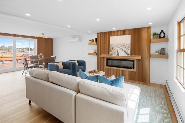 Dining room, Fireplace, Interior, Living room, Recessed Lighting, Wood Texture Flooring