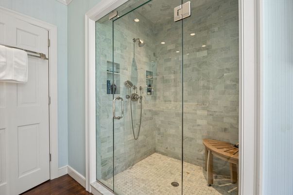Bathroom, Glass Shower, Interior, Recessed Lighting, Wood Texture Flooring