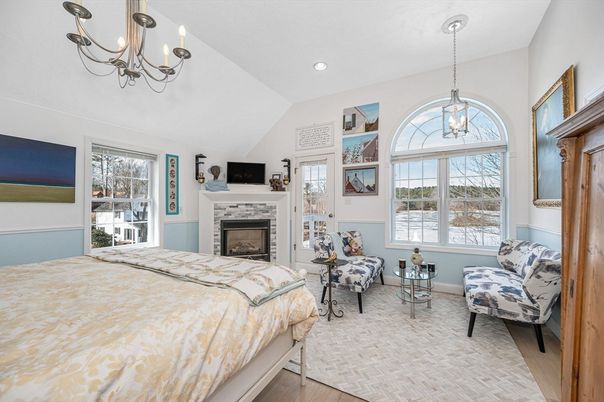 Bedroom, Chandelier, Fireplace, Interior, Pendant Lights, Recessed Lighting, Wood Texture Flooring