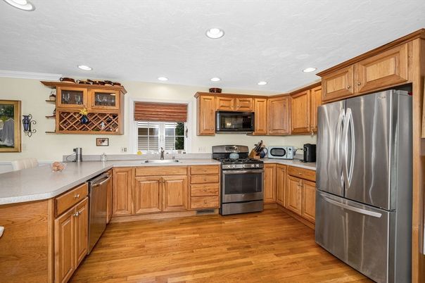 Interior, Kitchen, Recessed Lighting, Stainless Steel Appliances, Wood Texture Flooring
