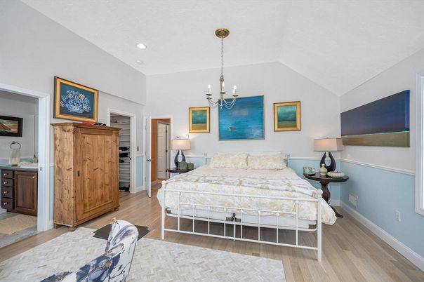 Bedroom, Chandelier, Interior, Recessed Lighting, Wood Texture Flooring