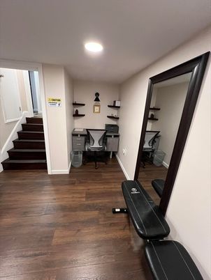 Fitness Equipment, Home Office, Interior, Recessed Lighting, Wood Texture Flooring
