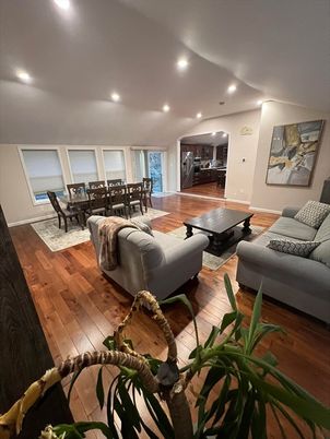 Dining room, Interior, Living room, Recessed Lighting, Wood Texture Flooring