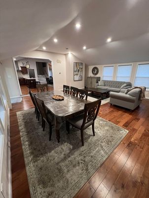 Dining room, Interior, Living room, Recessed Lighting, Wood Texture Flooring