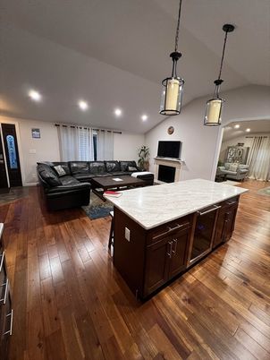 Interior, Kitchen, Living room, Pendant Lights, Recessed Lighting, Wood Texture Flooring