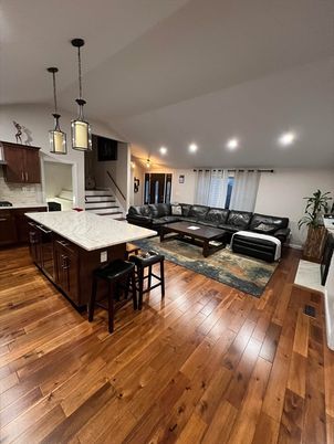 Dining room, Interior, Kitchen, Living room, Pendant Lights, Recessed Lighting, Wood Texture Flooring