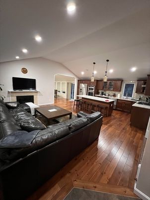 Fireplace, Interior, Kitchen, Living room, Pendant Lights, Recessed Lighting, Wood Texture Flooring