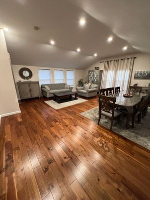 Dining room, Interior, Living room, Recessed Lighting, Wood Texture Flooring