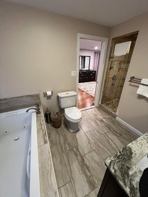Bathroom, Glass Shower, Interior, Recessed Lighting, Wood Texture Flooring