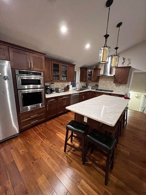 Interior, Kitchen, Pendant Lights, Recessed Lighting, Stainless Steel Appliances, Wood Texture Flooring