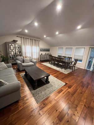 Dining room, Interior, Living room, Recessed Lighting, Wood Texture Flooring