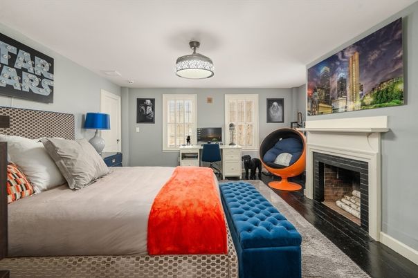 Bedroom, Fireplace, Interior, Wood Texture Flooring