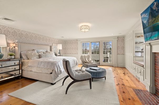 Bedroom, Fireplace, Interior, Recessed Lighting, Wood Texture Flooring