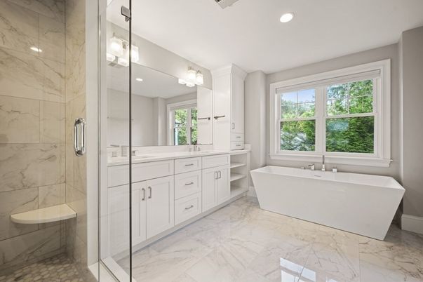 Bathroom, Dual Sink Vanities, Free Standing Baths, Glass Shower, Interior, Marble, Marble Walls, Recessed Lighting