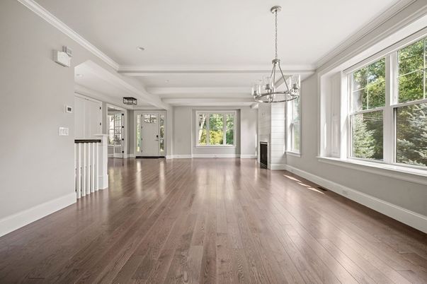 Chandelier, Empty room, Fireplace, Interior, Recessed Lighting, Wood Texture Flooring