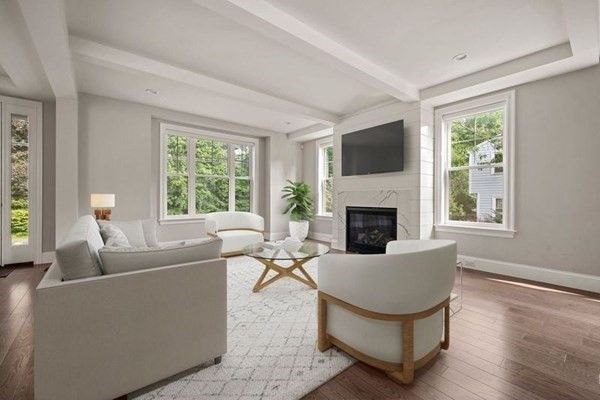 Fireplace, Interior, Living room, Recessed Lighting, Wood Texture Flooring